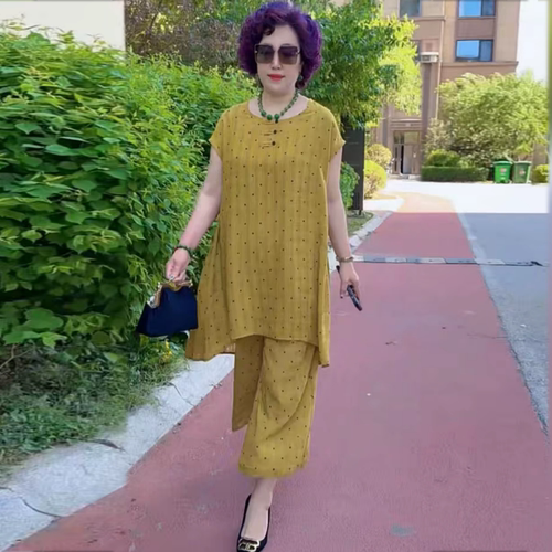 高端时尚大码妈妈圆领中长款大版衫上衣宽松遮肉阔腿裤天丝两件套