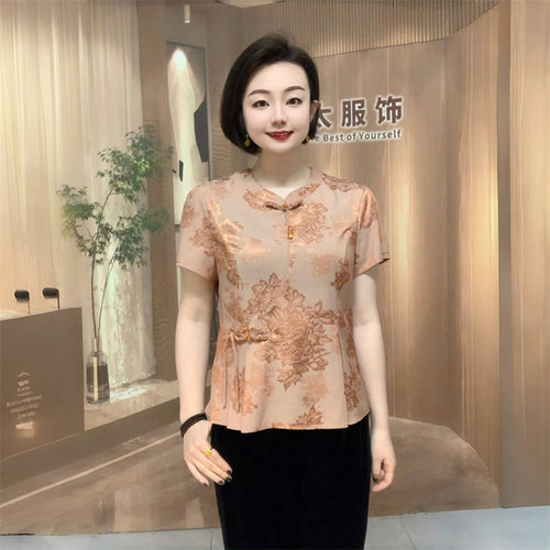 中式夏季国风真丝时尚中老年妈妈装短袖旗袍衬衫宽松遮肉洋气上衣