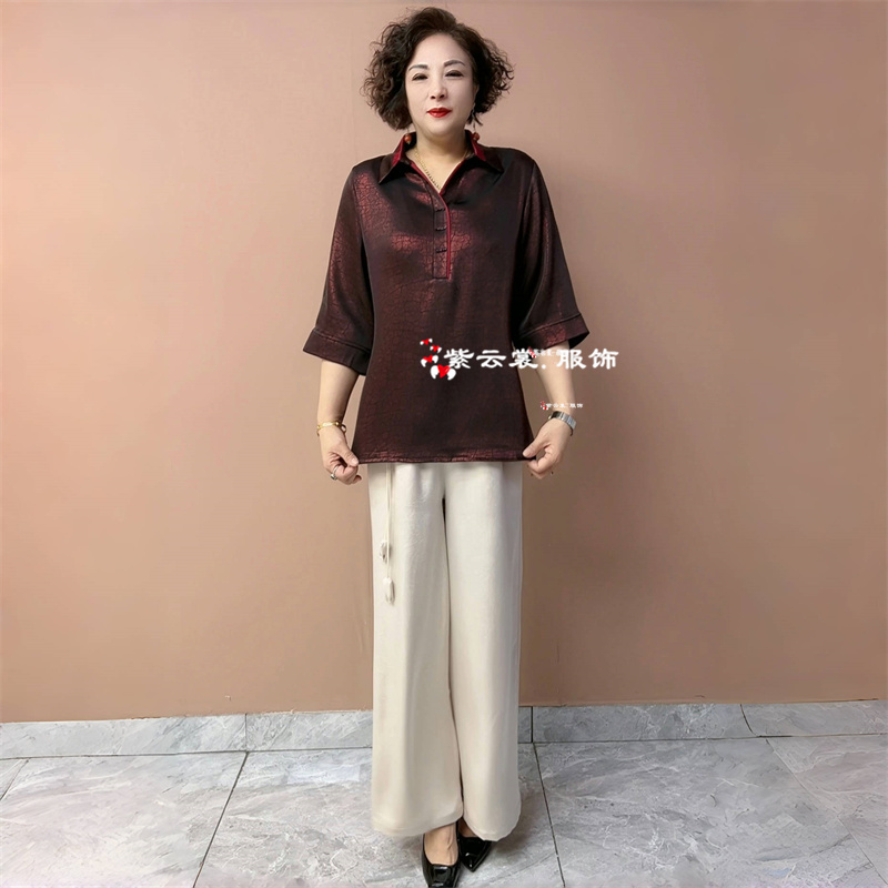高端夏季真丝妈妈洋气短袖大码衬衫宽松遮肉时尚旗袍衫桑蚕丝上衣
