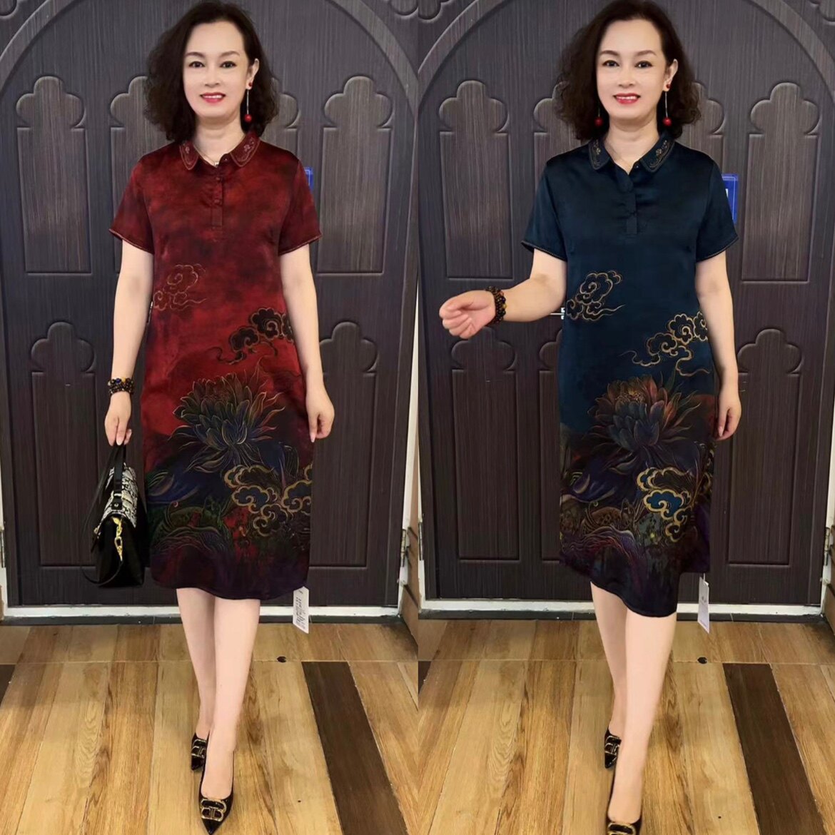 高端真丝连衣裙气质中老年妈妈装桑蚕丝夏季短袖减龄遮肉大码长裙