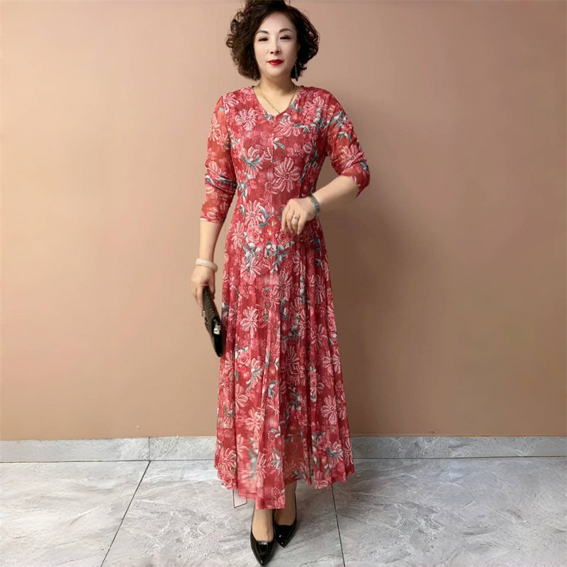 春秋贵夫人长袖台湾纱连衣裙气质弹力大码妈妈装长款200斤大摆裙