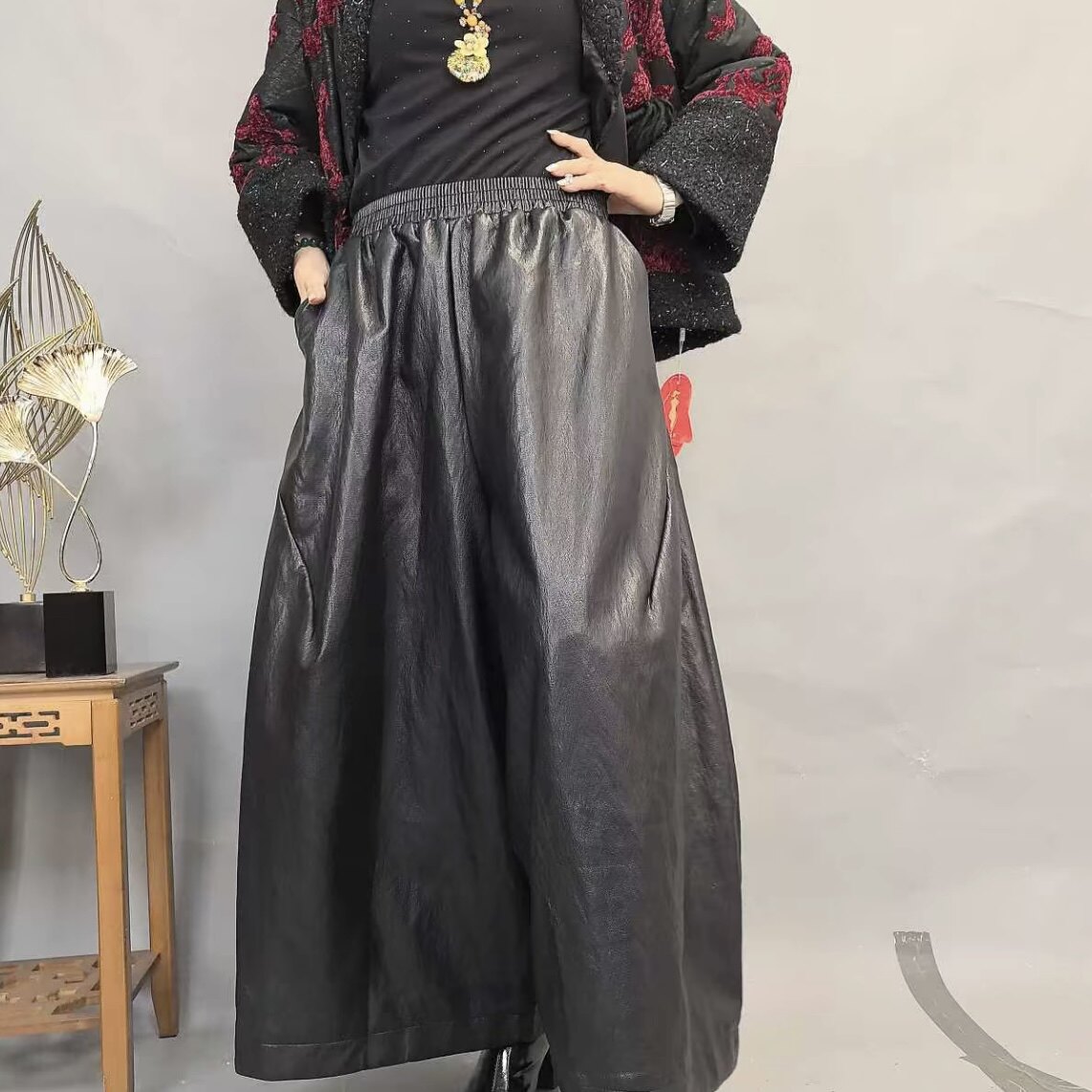 欧洲站秋冬季帅气松紧腰口袋金属丝皮裤机车阔腿200斤大码休闲裤