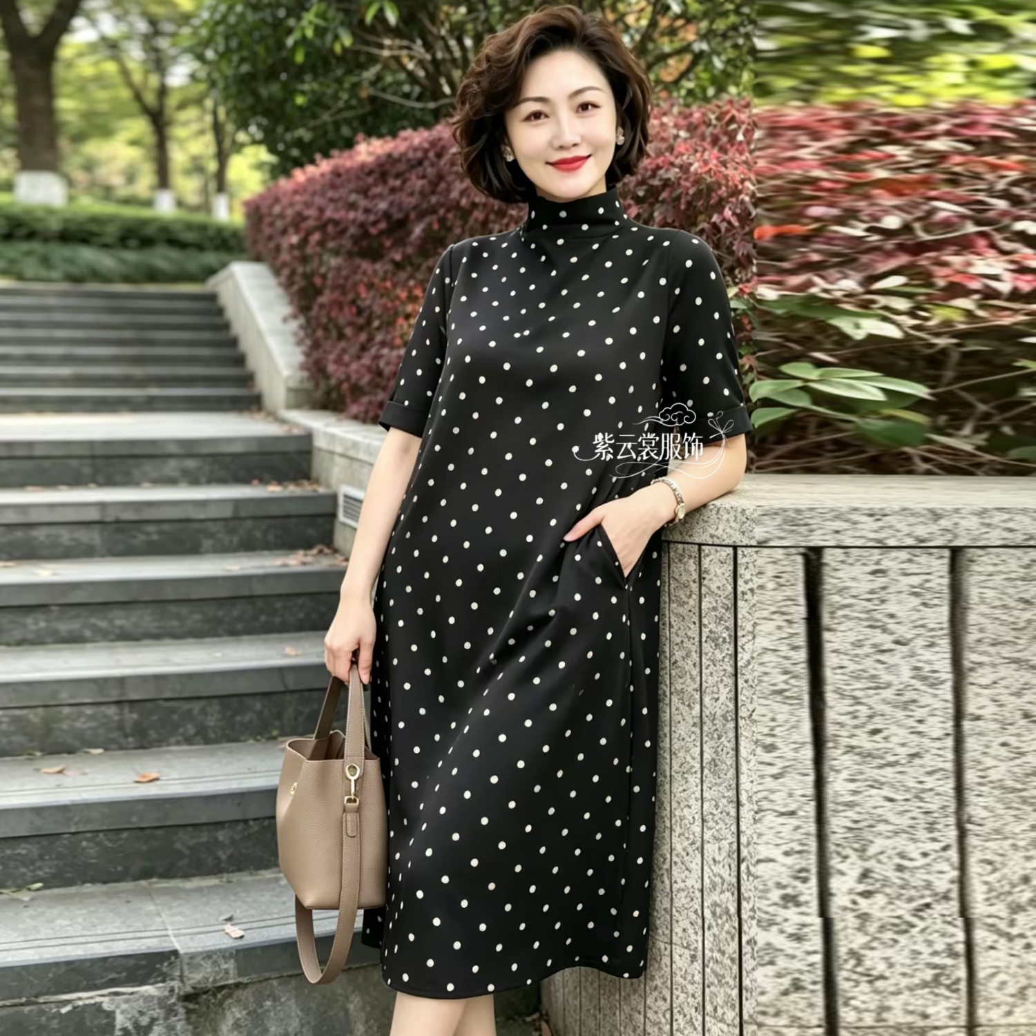 早秋新款中老年妈妈高领短袖波点连衣裙时尚宽松过膝气质显瘦长裙