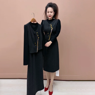 时尚气质假两件连衣裙女秋冬季新款黑色设计感中长款洋气妈妈长裙