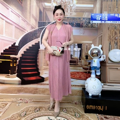 夏季新款蕾丝优雅小外搭大码长裙子两件套气质褶皱弹力长款连衣裙