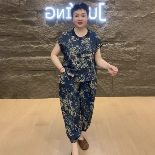夏季新款冰麻洋气宽松中老年妈妈花色短袖开衫上衣哈伦裤两件套装