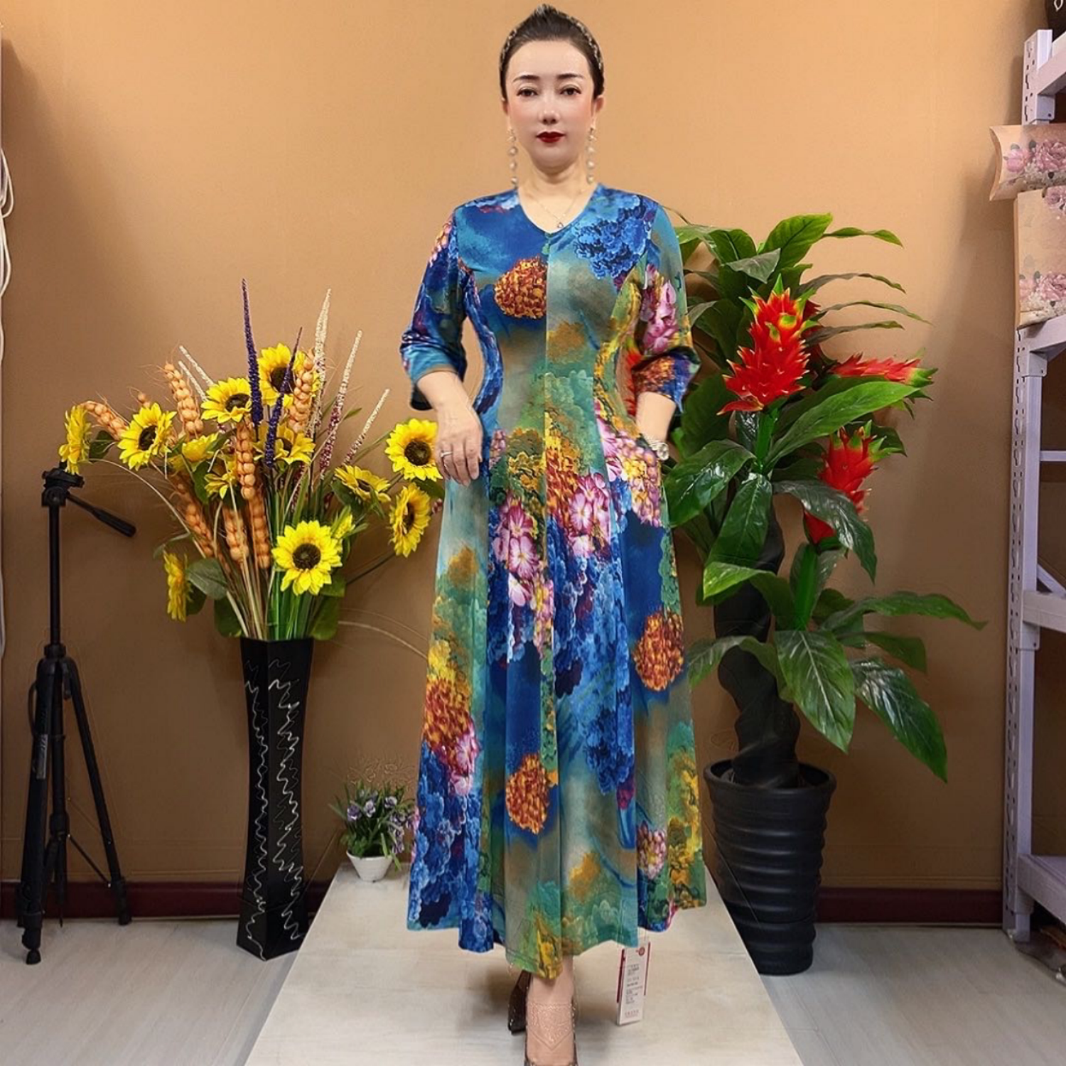 阔太太中年妈妈装夏季中袖冰麻印花连衣裙时尚优雅高弹大摆长裙女