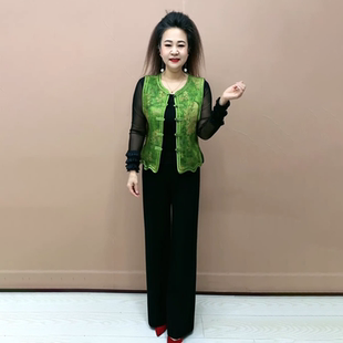 时尚气质妈妈春装新款无袖缎面绣花马甲中年宽松显瘦洋气显瘦马夹