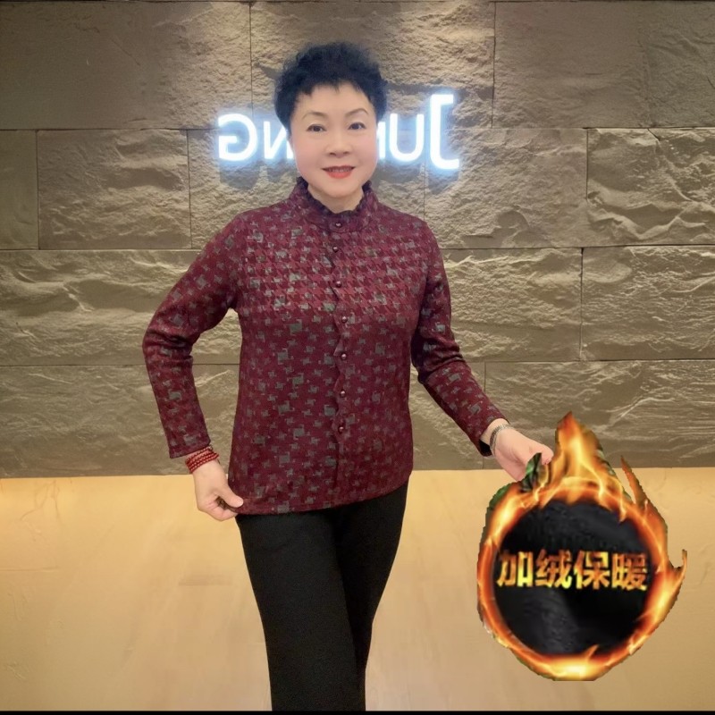 阔太太高端秋冬加绒加厚长袖打底小衫中年妈妈装气质薄绒保暖上衣