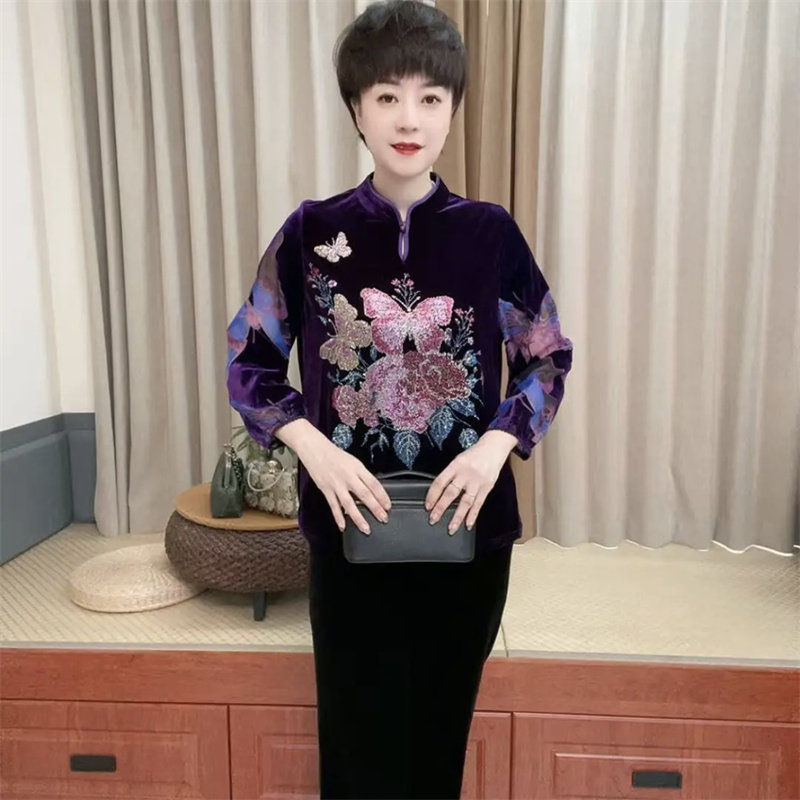 专柜同款秋冬时尚重工镶钻丝绒立领中老年妈妈旗袍遮肉上衣打底衫