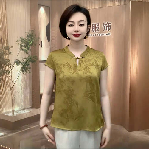 中老年妈妈夏丝缎富贵竹提花上衣短袖减龄旗袍衫宽松遮肉洋气t恤
