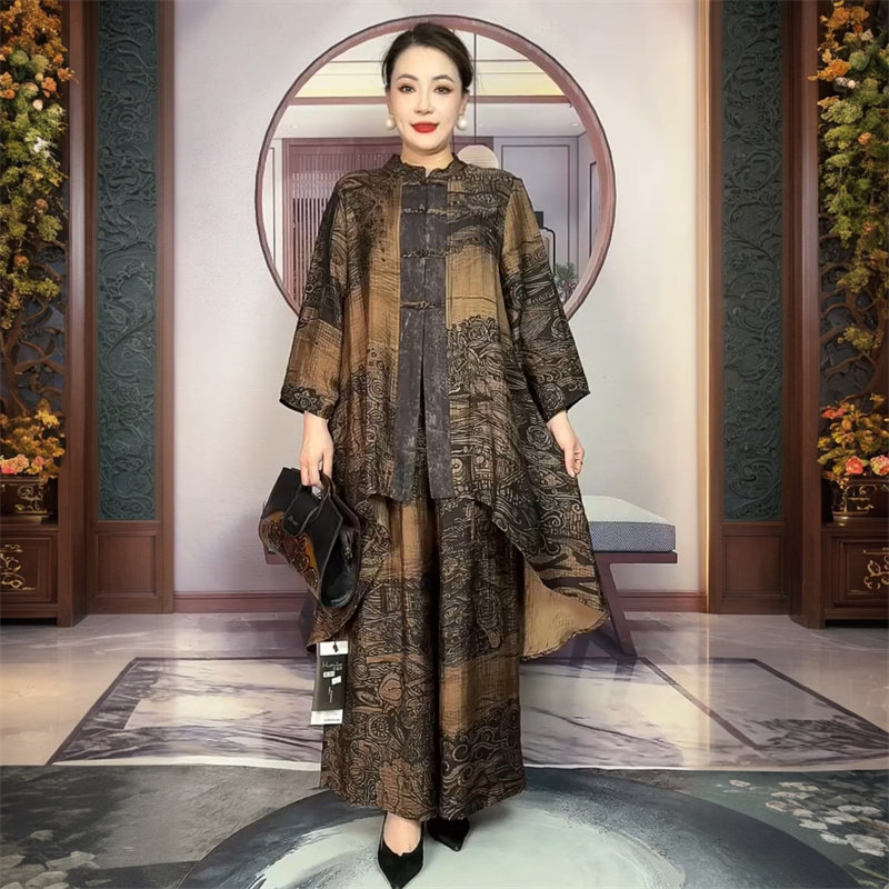 高端春秋新中式盘扣宽松大码200斤气质开衫+阔腿裤妈妈两件套装女