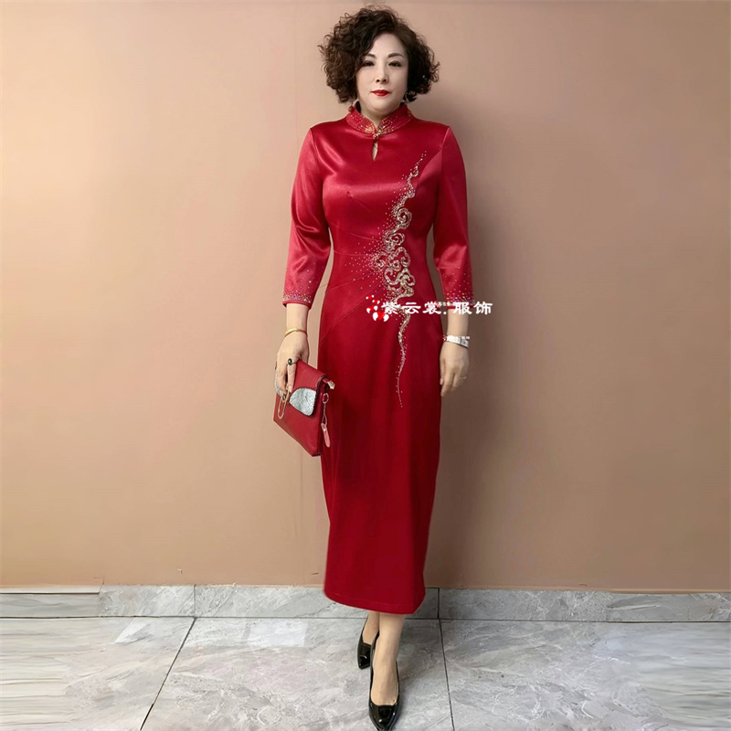 高端喜婆婆婚宴装显瘦旗袍醋酸缎新款婚礼妈妈礼服修身洋气连衣裙