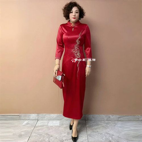 高端喜婆婆婚宴装显瘦旗袍醋酸缎新款婚礼妈妈礼服修身洋气连衣裙