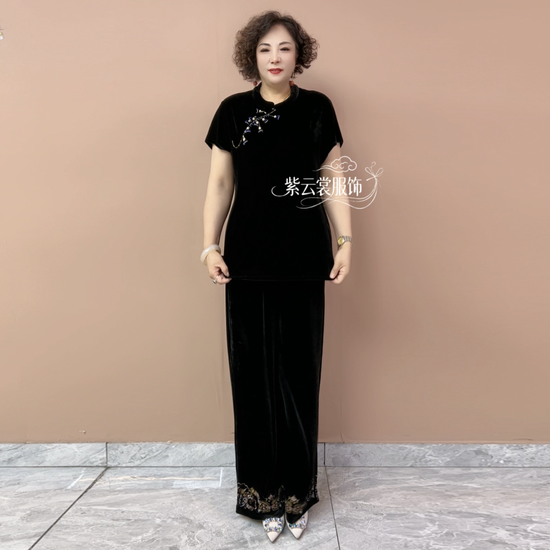 国风早秋新款时尚洋气丝绒旗袍衫上衣宽松遮肉阔腿裤大码两件套装