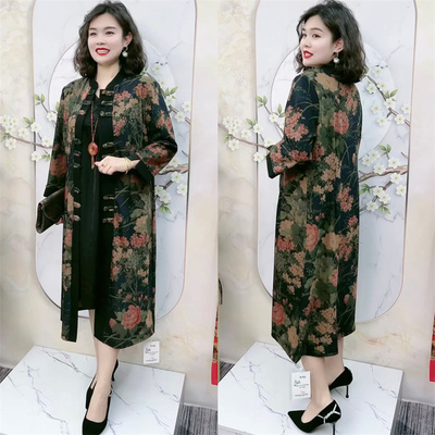 国风气质中老年妈妈复古盘扣中长款开衫时尚外搭过膝风衣防晒外套