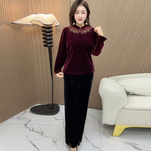 中老年妈妈秋冬丝绒长袖旗袍衫时尚洋气大码弹力显瘦旗袍小衫上衣