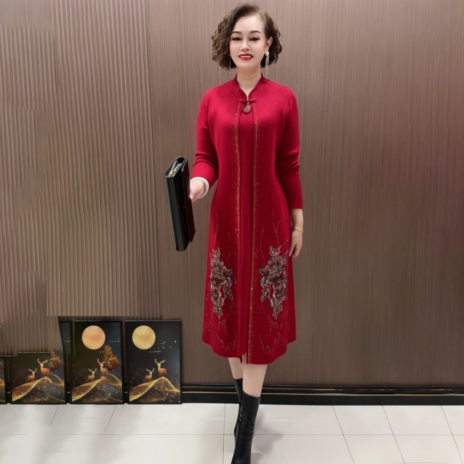 高端气质喜婆婆旗袍秋冬长款毛衣连衣裙婚宴礼服妈妈装针织羊毛裙
