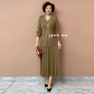 高端气质时尚百褶皱连衣裙洋气弹力大码中老年妈妈装假两件长裙子