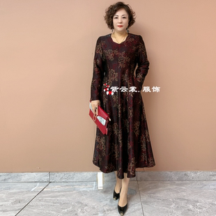 加绒保暖气质V领提花连衣裙弹力大码 高贵阔太太冬季 妈妈大摆长裙