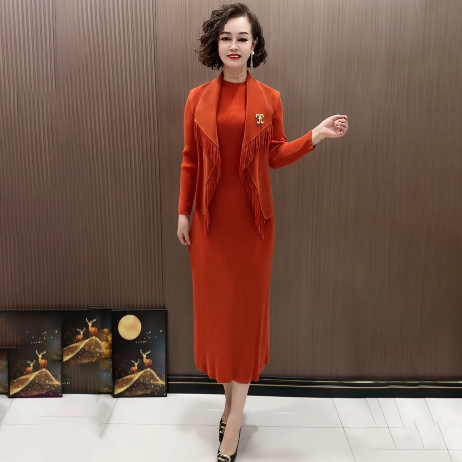 时尚优雅褶皱连衣裙春夏百褶大码西装外套时尚洋气背心裙两件套装