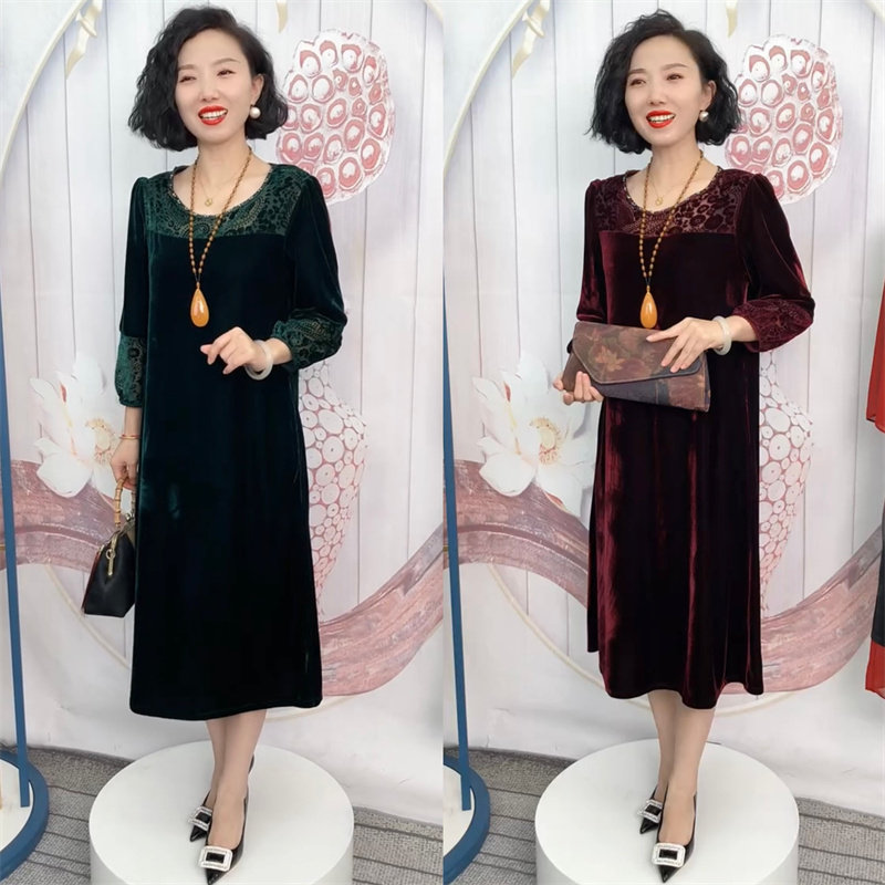 阔太太秋冬中年妈妈气质高端过膝长款真丝植绒钩花宽松大码连衣裙