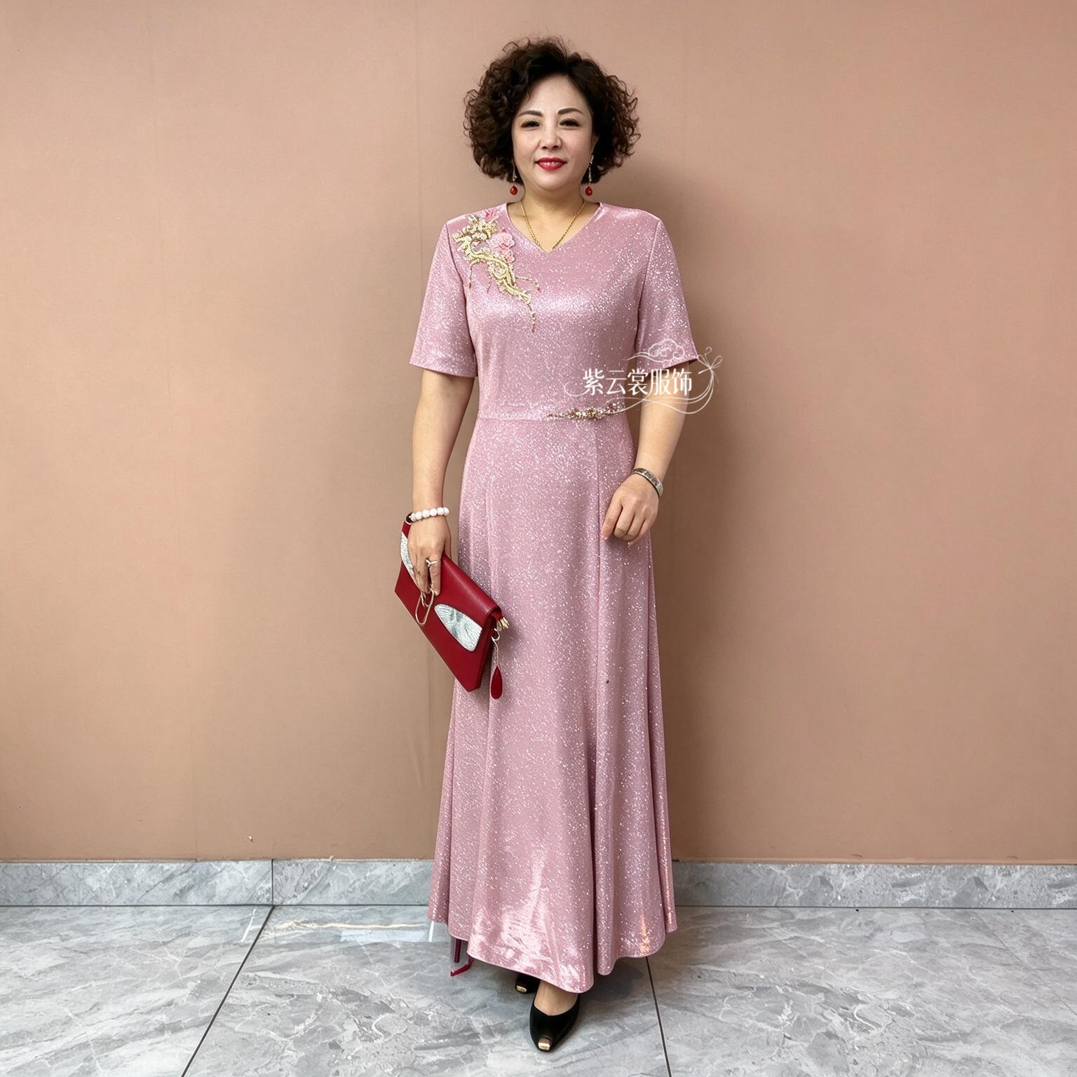 高端喜婆婆婚宴装晚礼服连衣裙时尚年轻结婚妈妈洋气V领鱼尾长裙