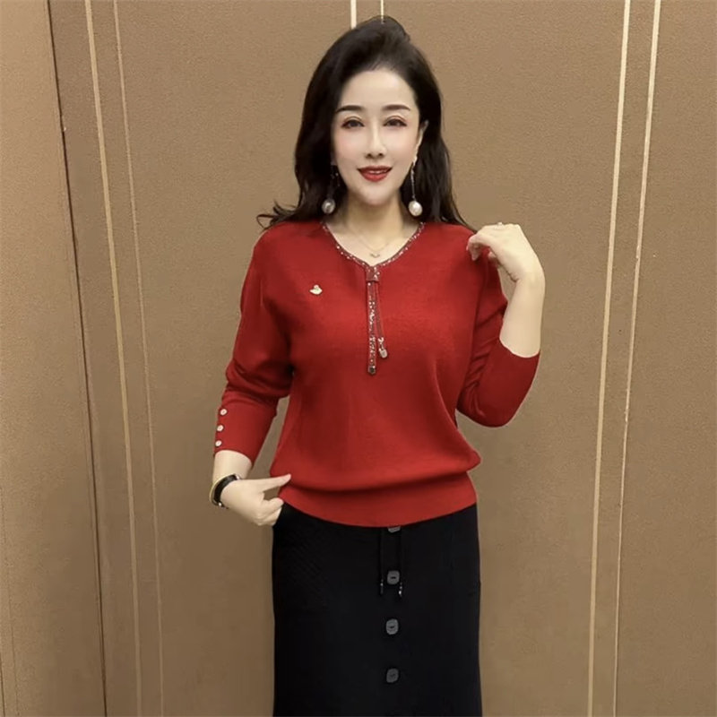 春季新款时尚气质中年妈妈装冰麻针织衫长袖时尚宽松遮肉V领毛衣