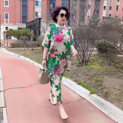 欧洲站夏季新款时尚百搭休闲薄款花色中长款上衣小脚裤妈妈两件套