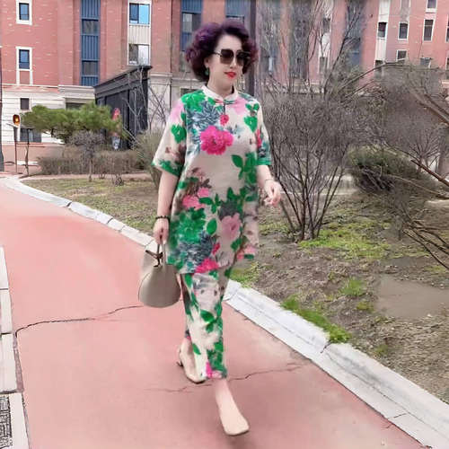 欧洲站夏季新款时尚百搭休闲薄款花色中长款上衣小脚裤妈妈两件套