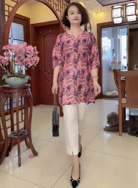 夏季短袖洋气妈妈宽松遮肚子显瘦中长款薄款大版T恤衫大码上衣女