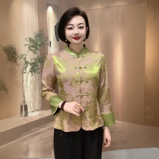 復古盤扣中年媽媽裝 優雅氣質短款 上衣夏季 新款 外套 提花真絲緞開衫