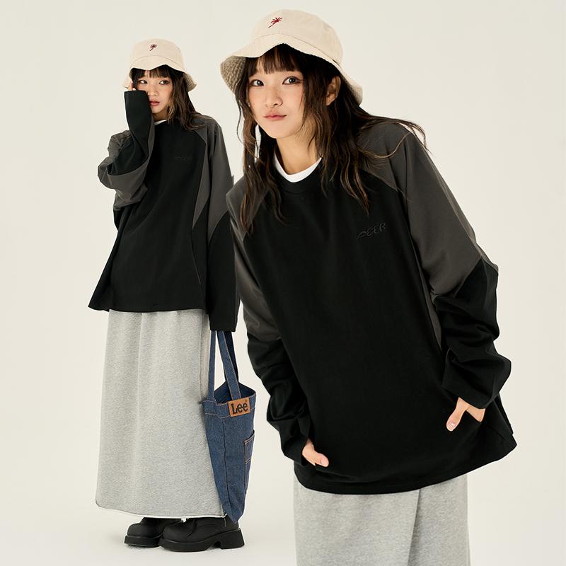 美式复古撞色拼接插肩袖卫衣男女