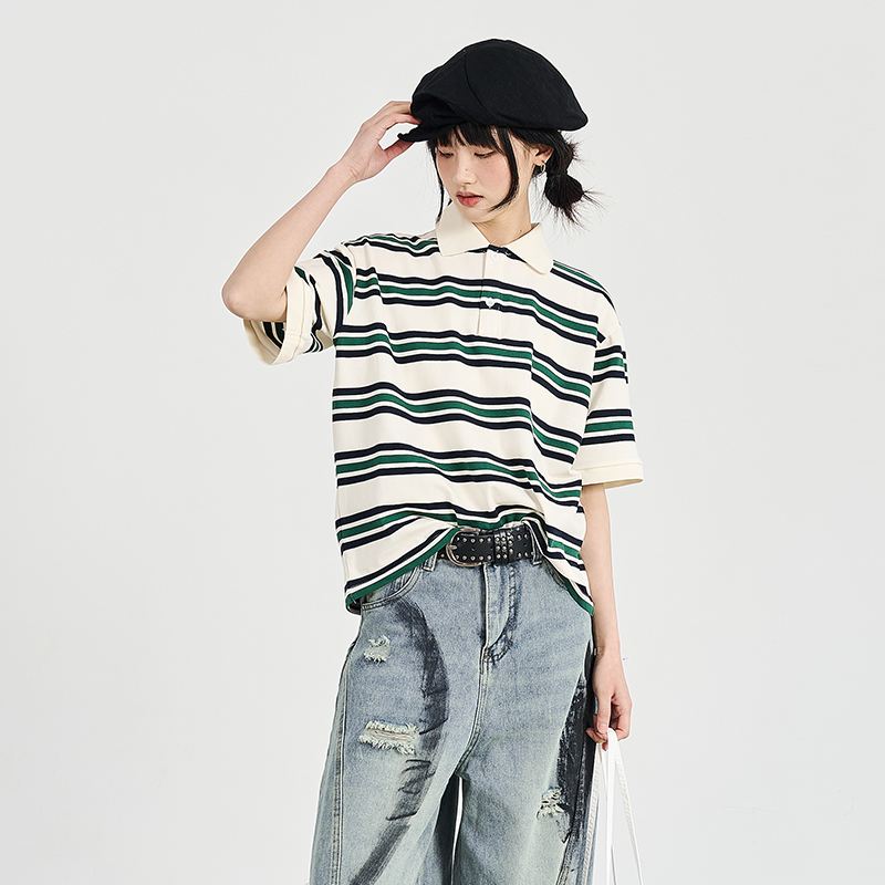 美式复古宽松显瘦条纹短袖polo衫