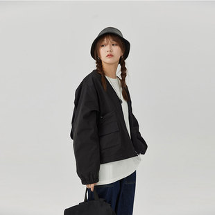 HASU 日系纯色多口袋工装外套女中性bf宽松显瘦V领百搭短外套潮牌