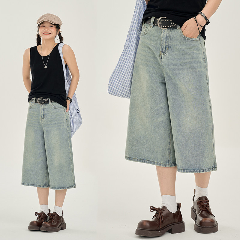 HASU 美式复古牛仔裤女宽松直筒水洗七分裤子小个子高腰阔腿裤潮,女装/女士精品,牛仔裤,淘宝优惠券,粉丝福利购,淘宝优惠卷