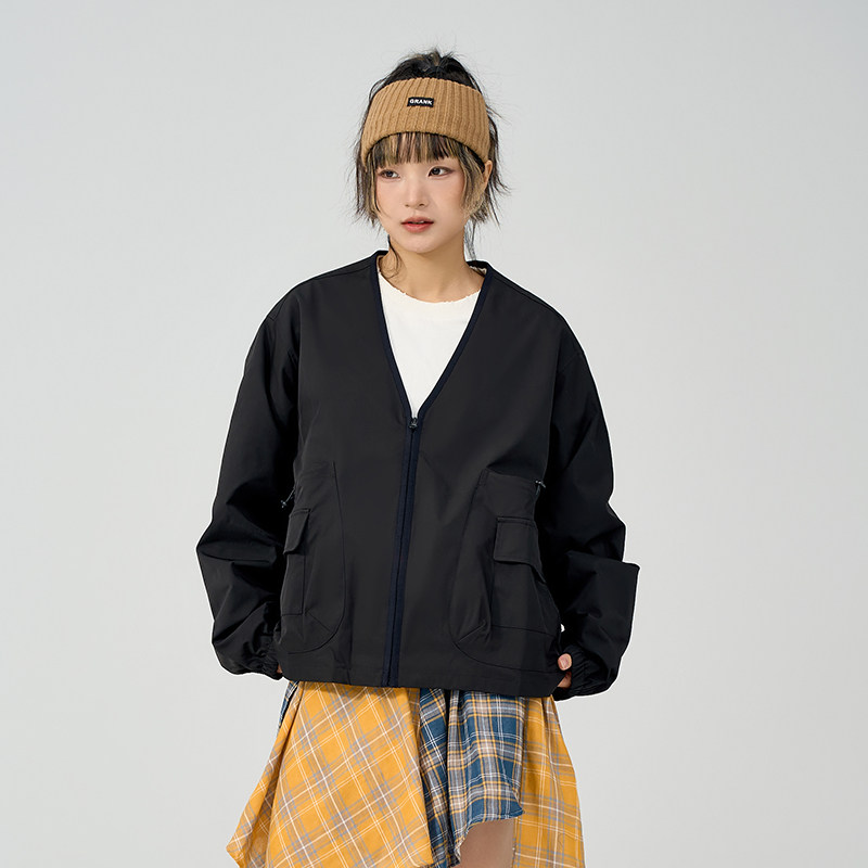 HASU 高街国潮机能户外多口袋工装风V领夹克男女情侣纯色百搭外套,女装/女士精品,短外套,淘宝优惠券,粉丝福利购,淘宝优惠卷