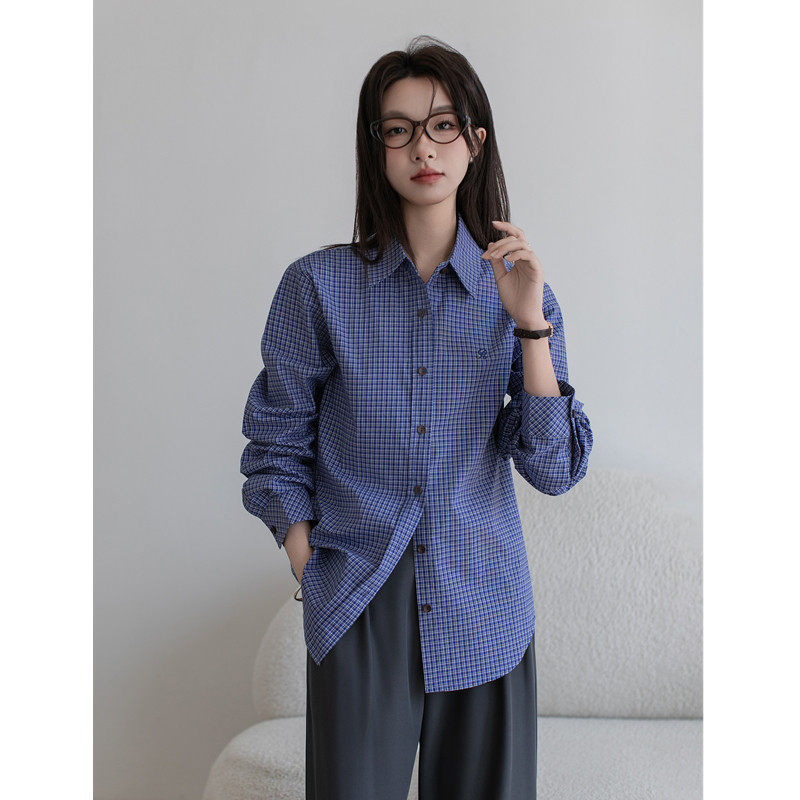 miu系蓝色格子衬衫上衣女长袖薄款春夏宽松叠穿休闲气质正肩衬衫