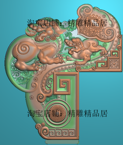 貔貅边脑浮雕木雕图狮子如意边柱灰度图瑞兽麒麟靠头边儿精雕图