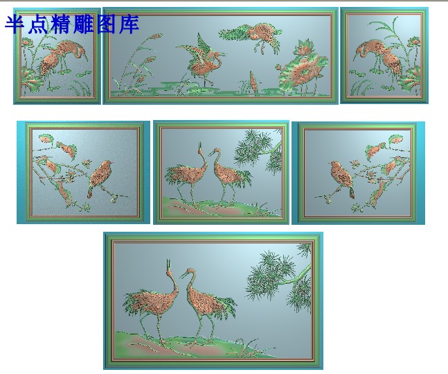 花鸟背板一套精雕图浮雕电脑雕刻图松鹤靠背精品仙鹤套图荷花水鹤