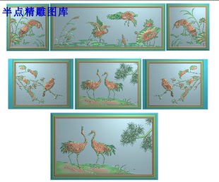 花鸟背板一套精雕图浮雕电脑雕刻图松鹤靠背精品仙鹤套图荷花水鹤