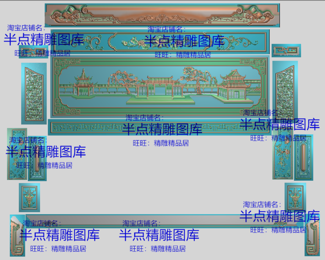 山水宝座精雕图沙发山水楼阁电脑雕刻图如意桃子万字沙发浮雕图