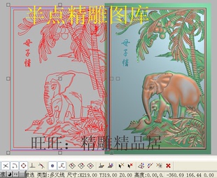 精雕图大象精品椰子树象背板灰度浮雕电脑效果图檀雕象山水母子情