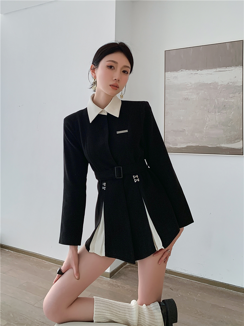 现货春季原创假两件黑色收腰西装设计感格子外套西服女