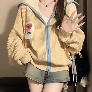 设计感2025秋冬宽松大翻领针织女外套女小个子学院风百搭拉链开衫