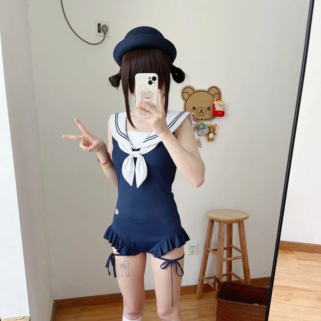 2025年新款猫爪绑绳泳衣女水手连体泳衣韩版沙滩女夏露背甜美可爱