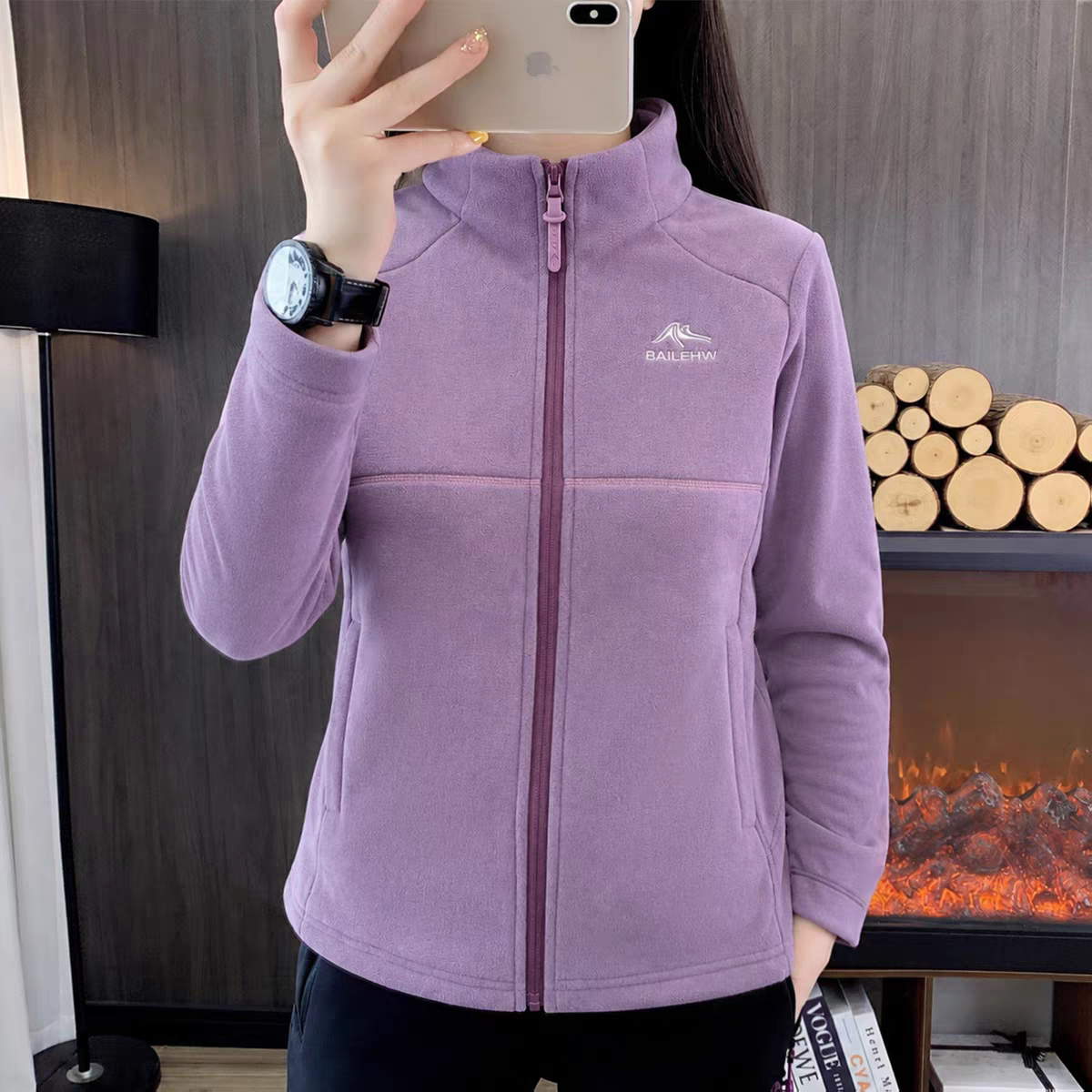 秋冬户外抓绒衣女连帽拉链开衫加绒加厚保暖运动风双面绒休闲外套