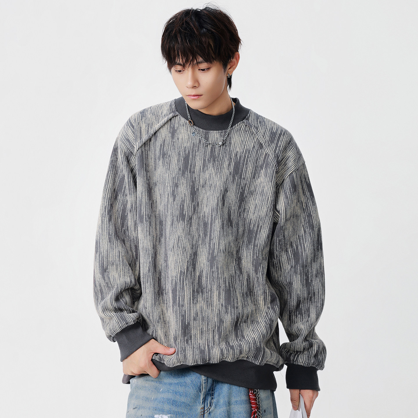 秋季新款圆领套头卫衣男士宽松百搭日系复古针织情侣衫休闲