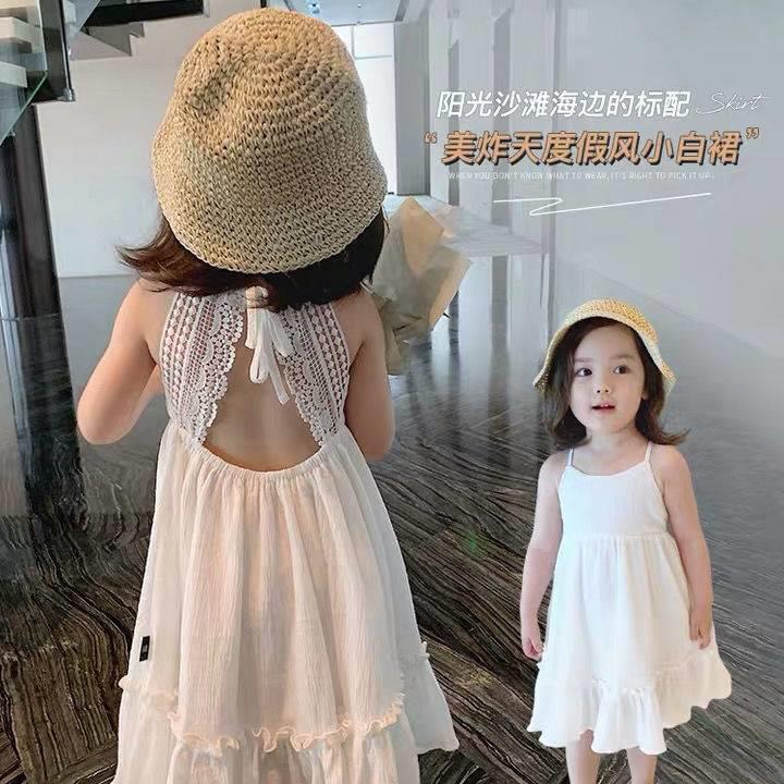 A女童装夏季海边度假风儿童连衣裙宝宝洋气露背白色吊带裙子