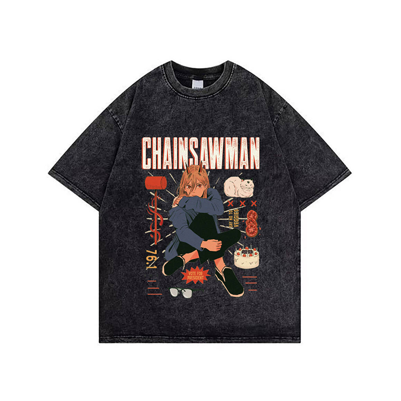 电锯人水洗做旧男士短袖t恤